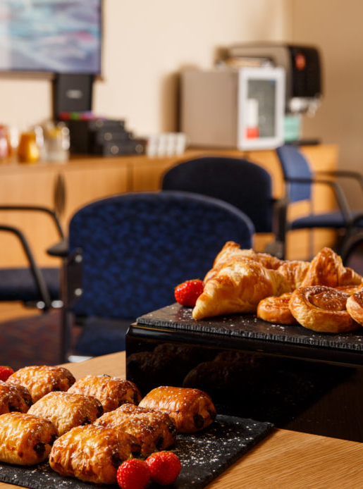 Breakout area for meetings at Mercure Leeds Parkway Hotel, pastries and strawberries