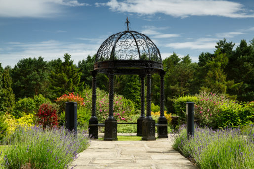 The gardens at Mercure Leeds Parkway Hotel, metal gazebo, lavender plants